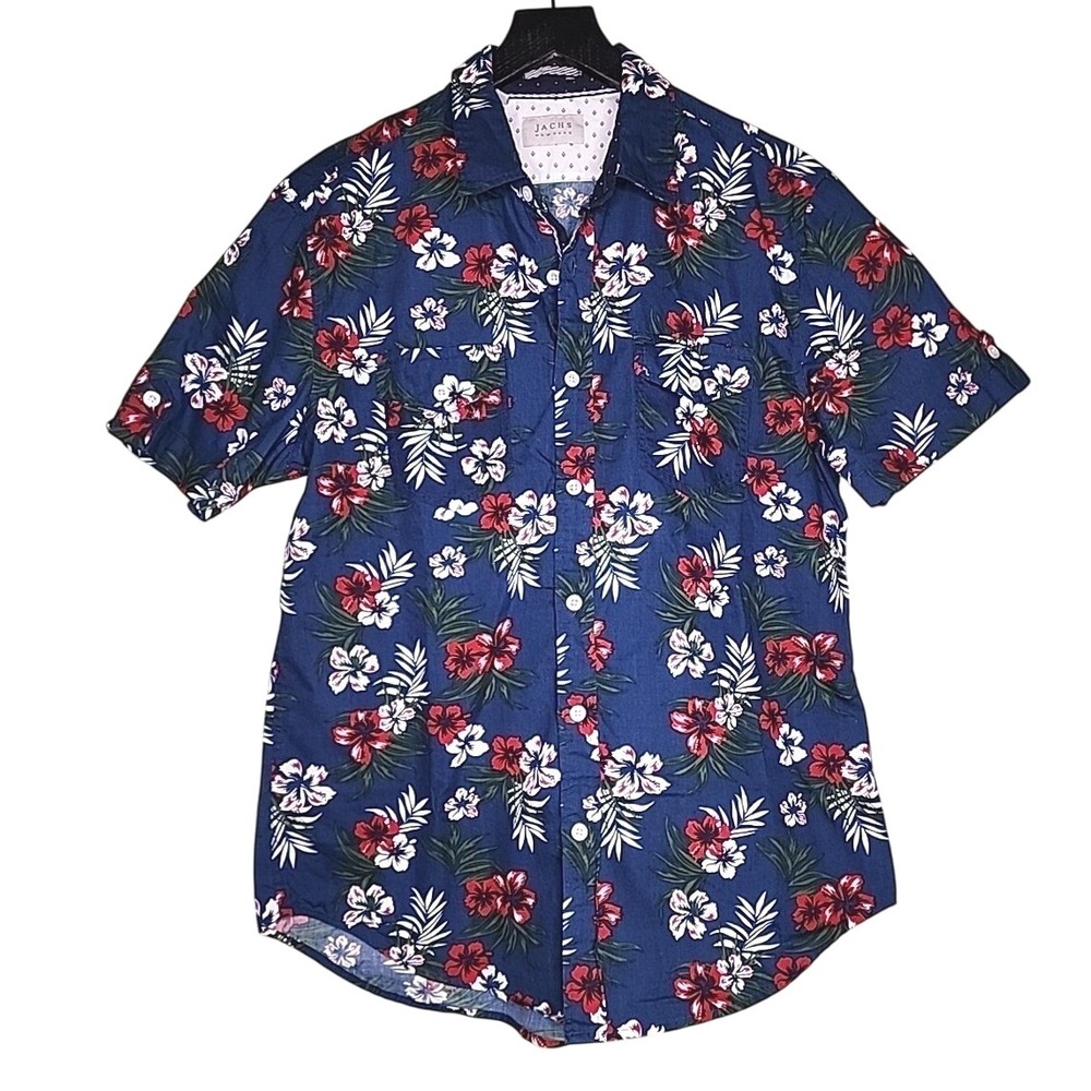 Jachs NY Button Up Shirt M Blue Floral Hawaiian Short‎ Sleeve Beach Resort Aloha